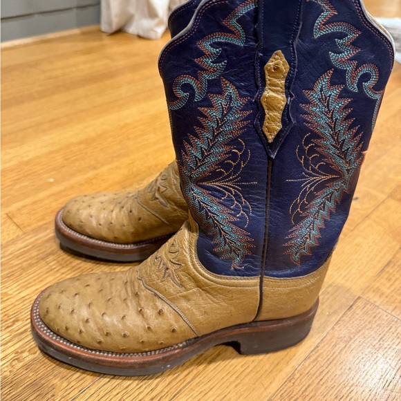 Lucchese Tan Ostrich Foot Purple Embroidered Shaft Western Boots - Picture 4 of 7